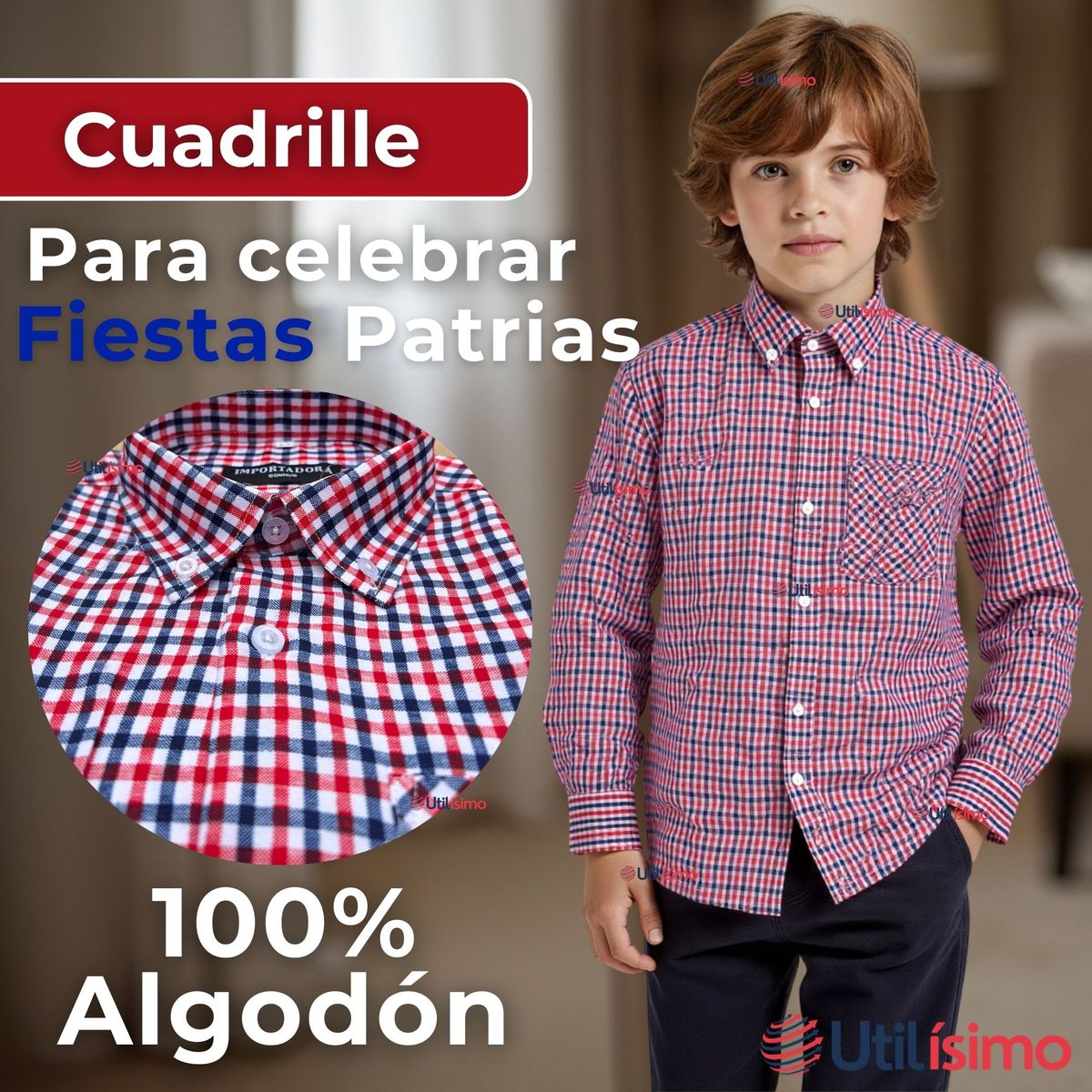 UTILISIMO - Camisa Huaso Cuadrillé Manga Larga Algodón Azul y Rojo Casual