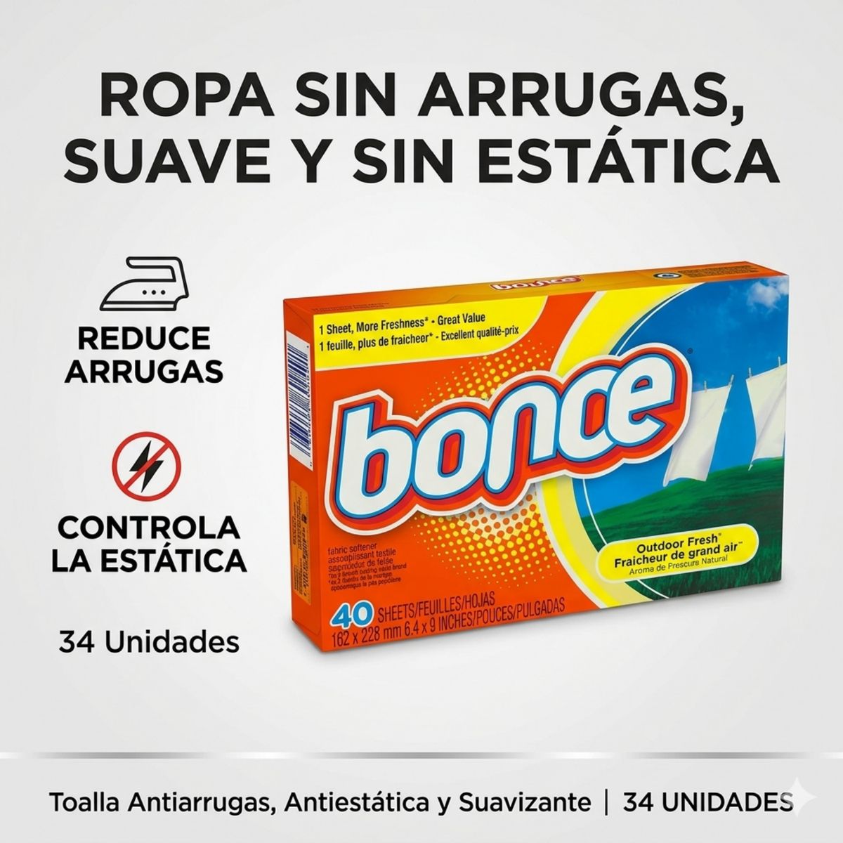 BOUNCE - Toalla Antiarrugas Antiestatica Y Suavizante Bounce 34 Un