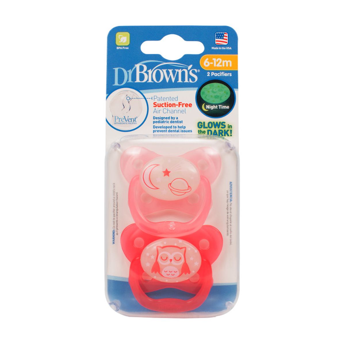 DR BROWN'S - Pack 2 Chupetes Prevent Noche Dr Brown´s 6-12meses Rosa