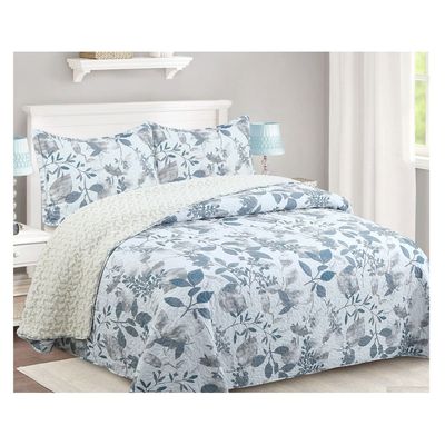 Imagen 2 del producto Cubrecama Quilt Sherpa King Mod. Hojas de Seda Azul + 2 Fundas