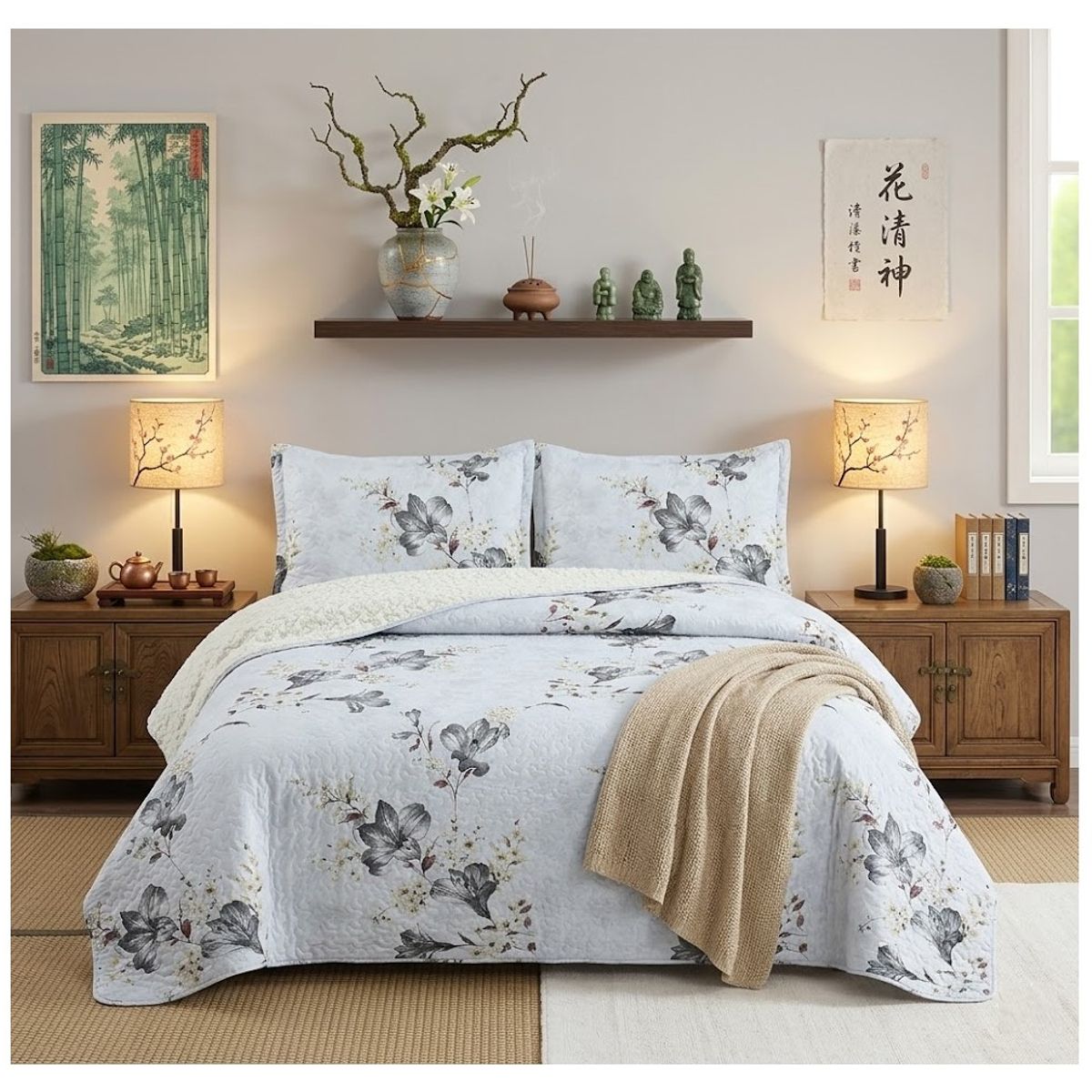 COMPRAPO - Cubrecama Quilt Sherpa King Mod. Flores de Ceniza  + 2 Fundas
