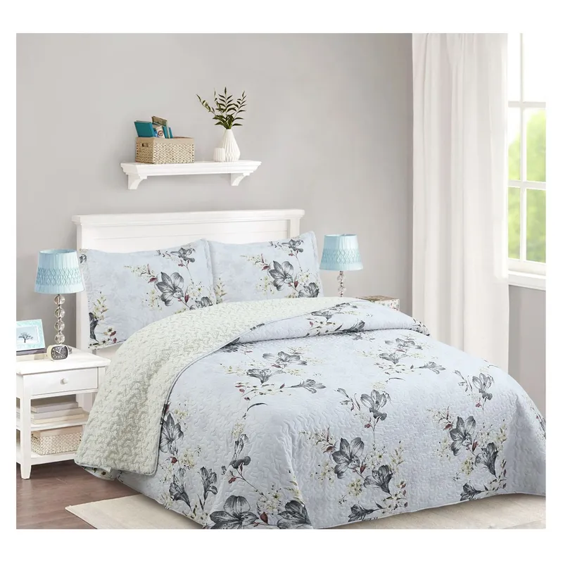 COMPRAPO - Cubrecama Quilt Sherpa King Mod. Flores de Ceniza  + 2 Fundas