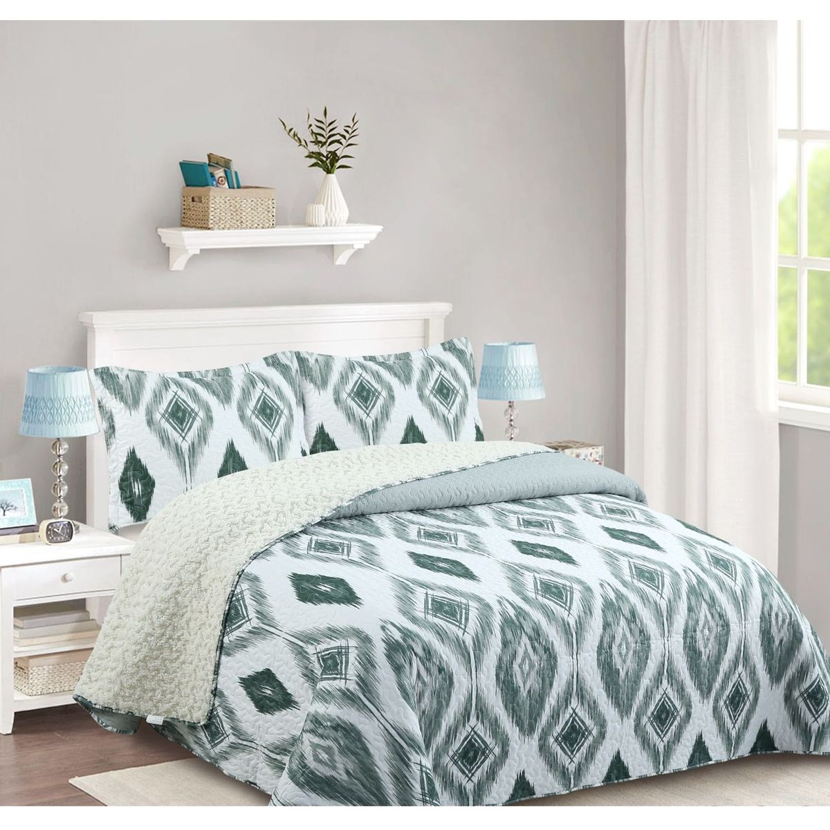 COMPRAPO - Cubrecama Quilt Sherpa King Mod. Jade Etnico  + 2 Fundas