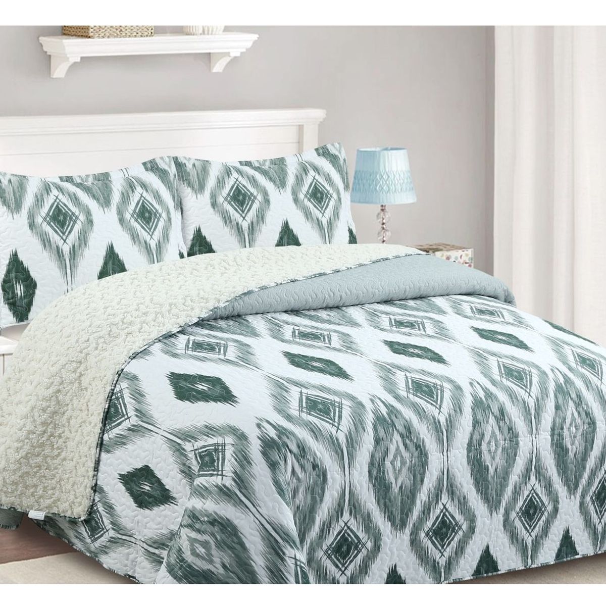 COMPRAPO - Cubrecama Quilt Sherpa King Mod. Jade Etnico  + 2 Fundas