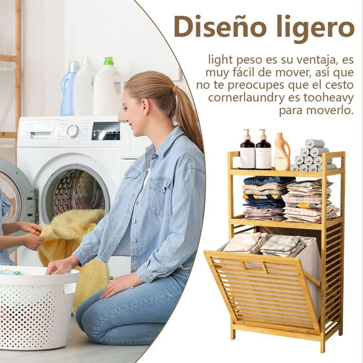 ANYHOGAR - Cesta Canasto De Ropa Sucia Con Soporte De Bambú