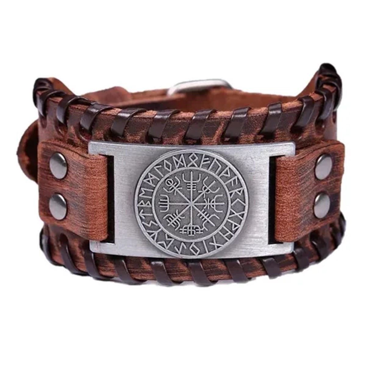 GENERICO - Pulsera Cuero Café Vikingo Vegvisir Hombre Mujer Moda Royal Madriz