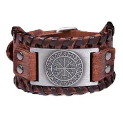 GENERICO - Pulsera Cuero Café Vikingo Vegvisir Hombre Mujer Moda Royal Madriz