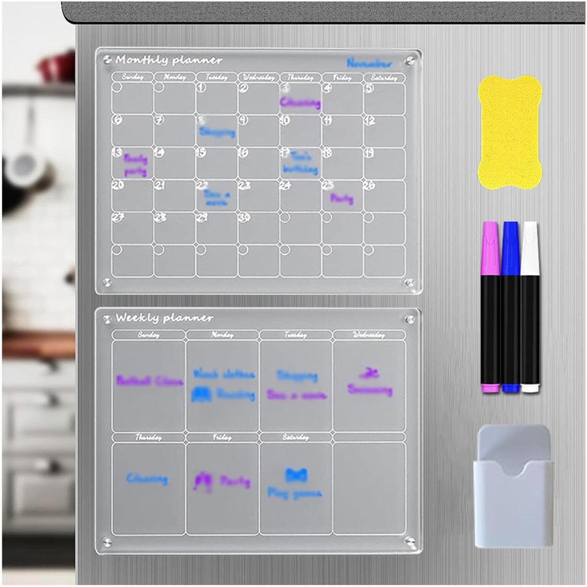 KUANGYE - 2 Pcs Pizarra Magnético Calendario Refrigerador De Acrílico