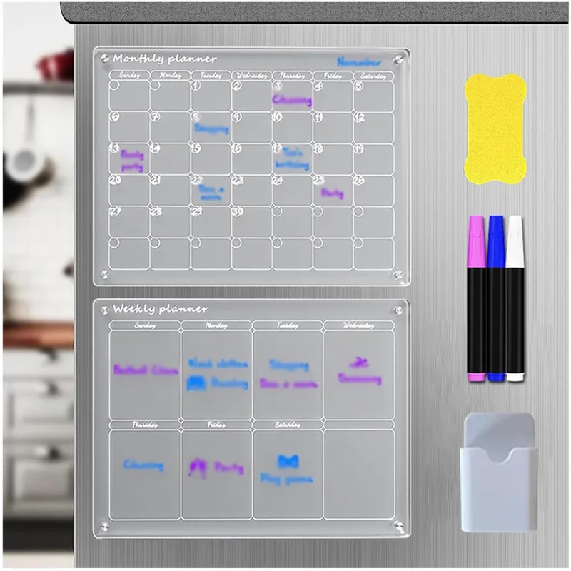 KUANGYE - 2 Pcs Pizarra Magnético Calendario Refrigerador De Acrílico