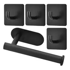 GENERICO - Porta Papel Higienico 304 Inoxidable Negro 4 Gancho De Ropa