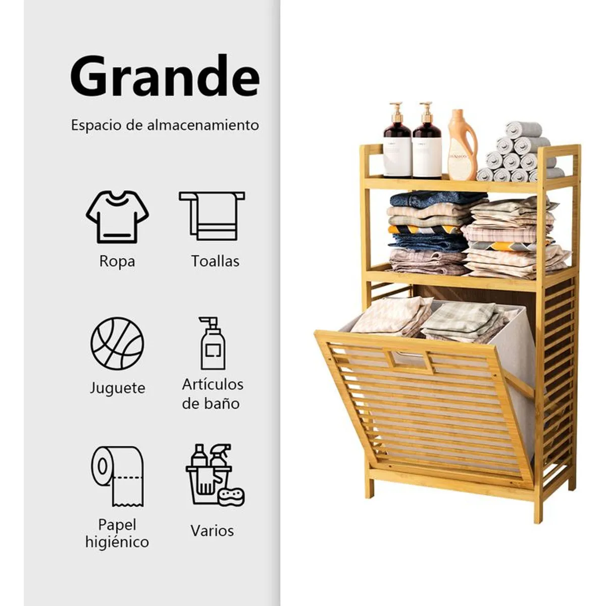 ANYHOGAR - Cesta Canasto De Ropa Sucia Con Soporte De Bambú