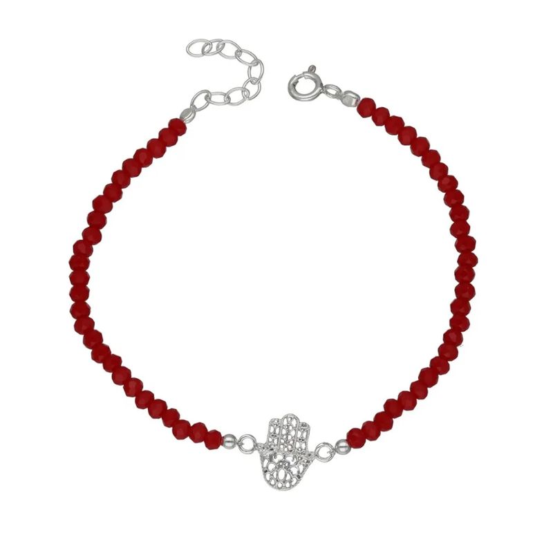GENERICO - Pulsera Cristales Rojos Mano De Fátima Plata Fina Protección