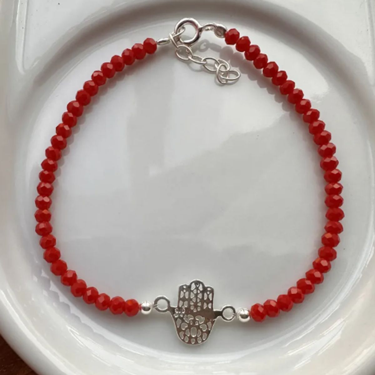 GENERICO - Pulsera Cristales Rojos Mano De Fátima Plata Fina Protección