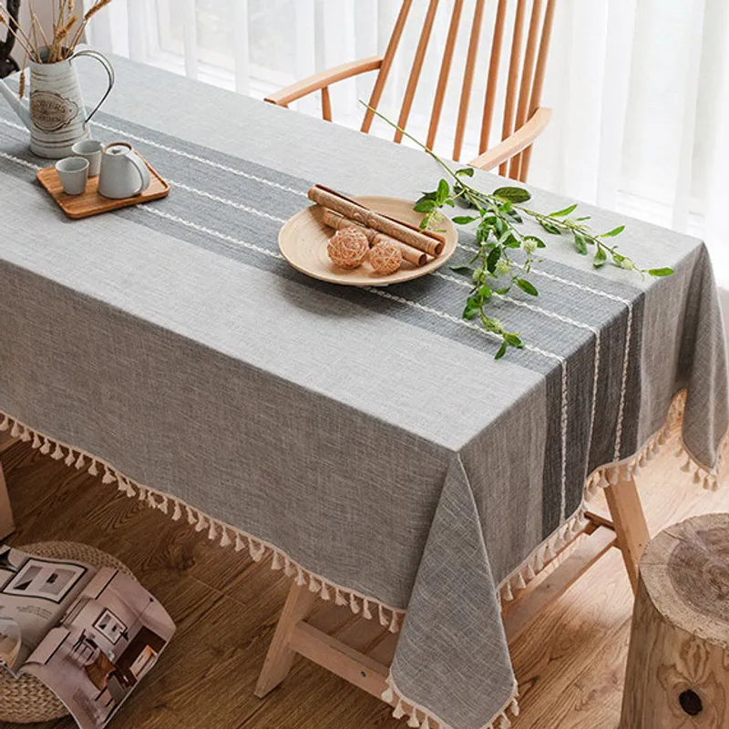 GENERICO - Mantel Rectangular Mantel De Mesa Borla Algodón 140x220cm Color Gris Rayas