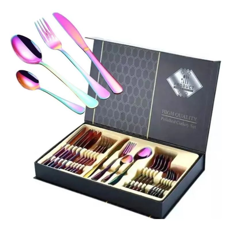 GENERICO - Set 24 Pc Cubierto Servicio Acero Inoxidable Tornasol + Caja