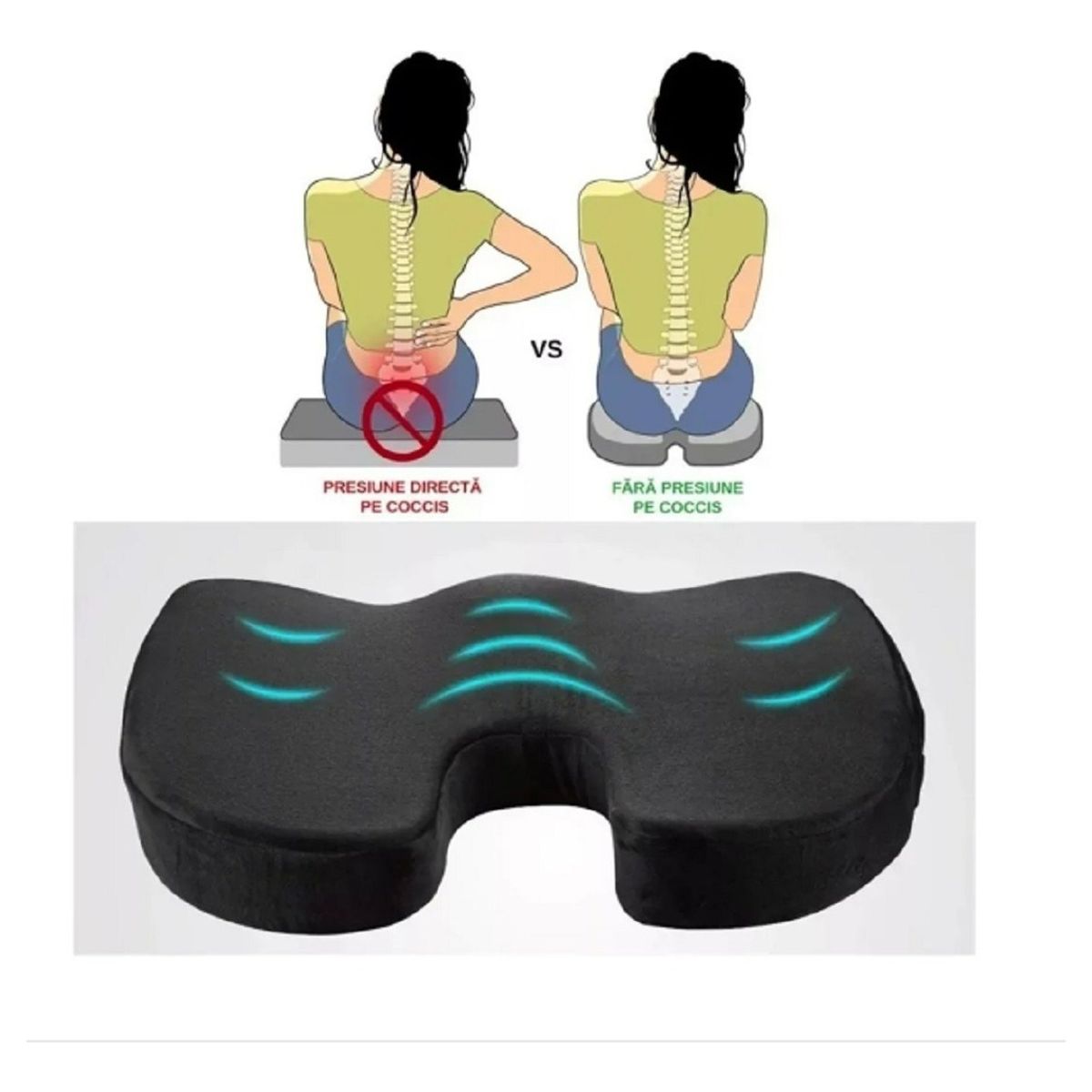 VETECASA - Cojín Coxis Ortopédico Ergonómico Con Memoria Asiento