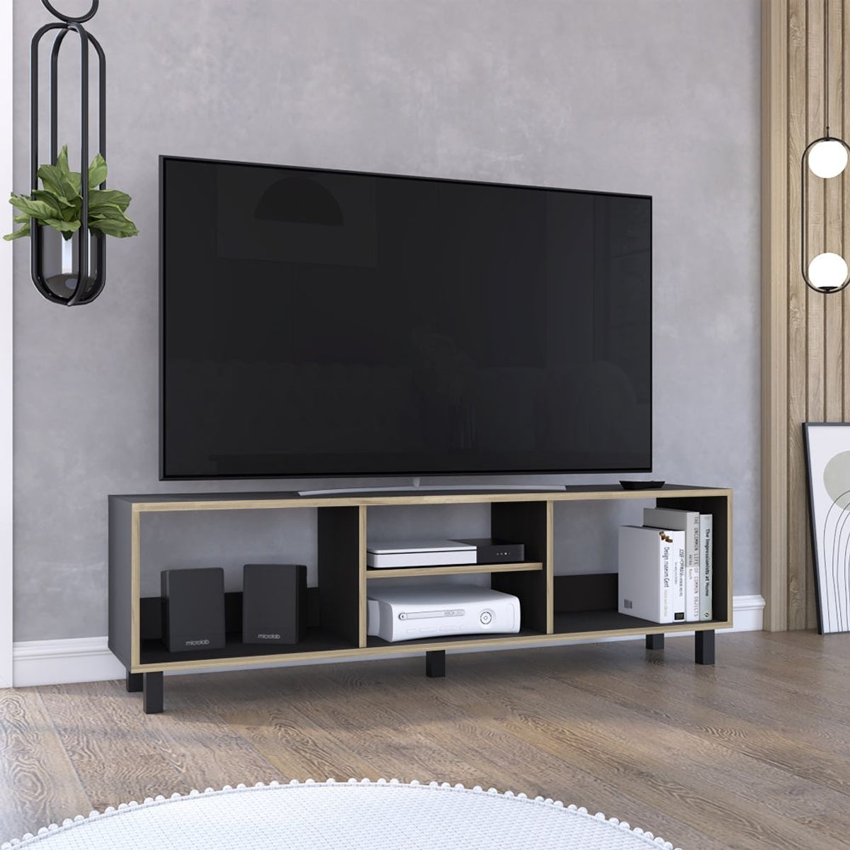 TUHOME - Rack TV 70" Con 5 Repisas Negro 47.5x160x35 cm