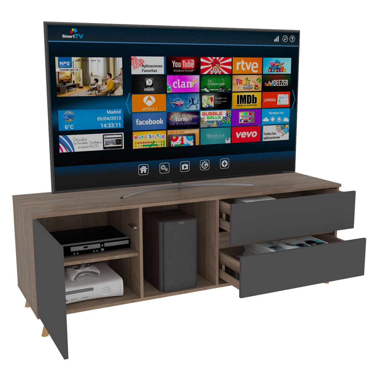 TUHOME - Rack TV 60" Con 2 Cajones Y 1 Puerta Fm-008C - Cafe Claro / Plomo