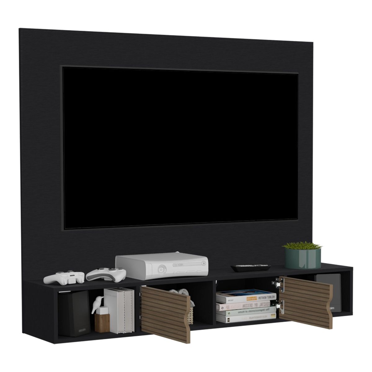 TUHOME - Panel TV 56" Con 2 Repisas Y 2 Puertas  Fm-008N Negro