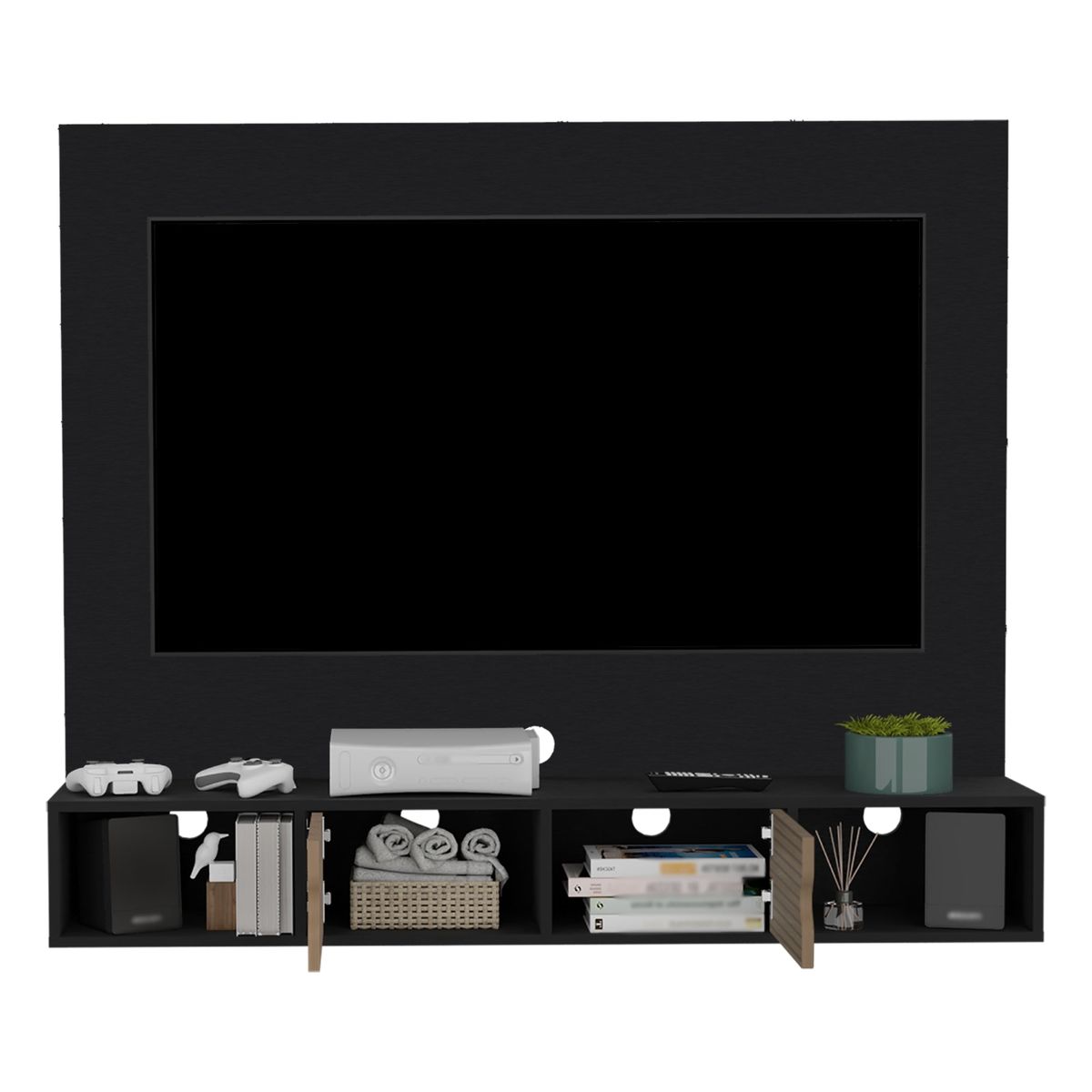 TUHOME - Panel TV 56" Con 2 Repisas Y 2 Puertas  Fm-008N Negro