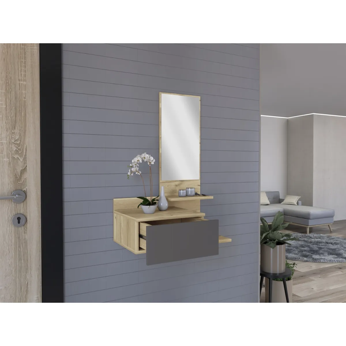 TUHOME - Mueble Recibidor Flotante 1 Cajon Viena Duna Y Plomo