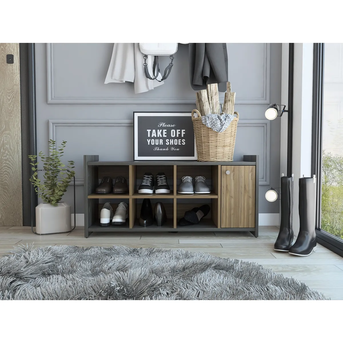 TUHOME - Mueble Recibidor Zapatero Z-101 Carbón Y Gales 1 Puerta