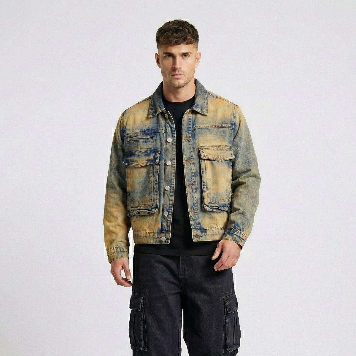D'JOE - Chaqueta Mezclilla Cargo Hombre Acid Wash Oxide