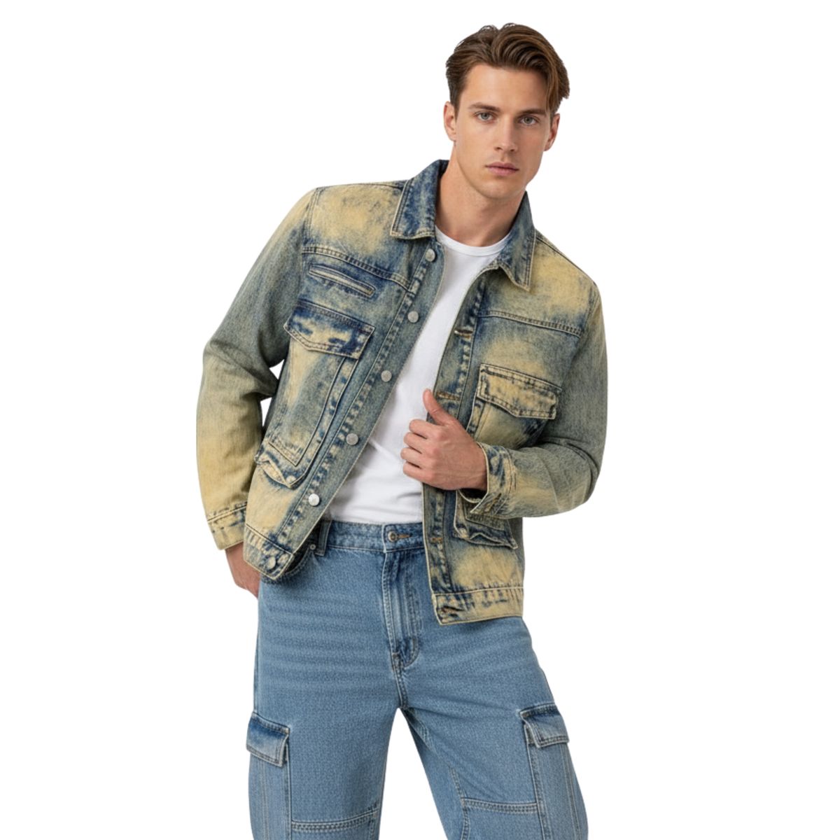 D'JOE - Chaqueta Mezclilla Cargo Hombre Acid Wash Oxide