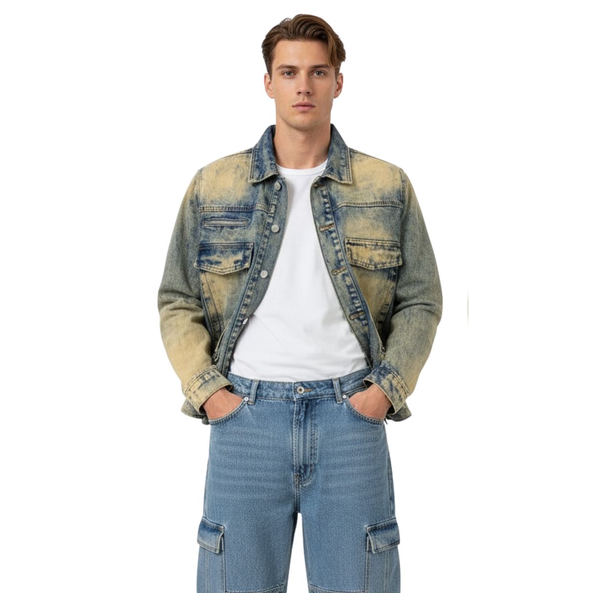 D'JOE - Chaqueta Mezclilla Cargo Hombre Acid Wash Oxide