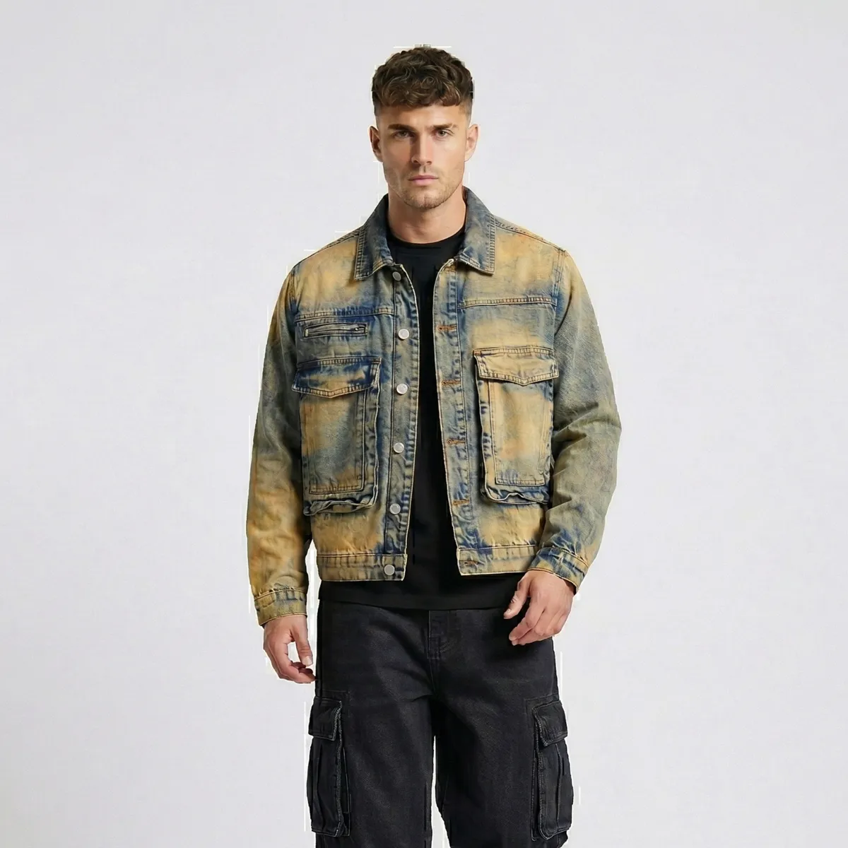 D'JOE - Chaqueta Mezclilla Cargo Hombre Acid Wash Oxide