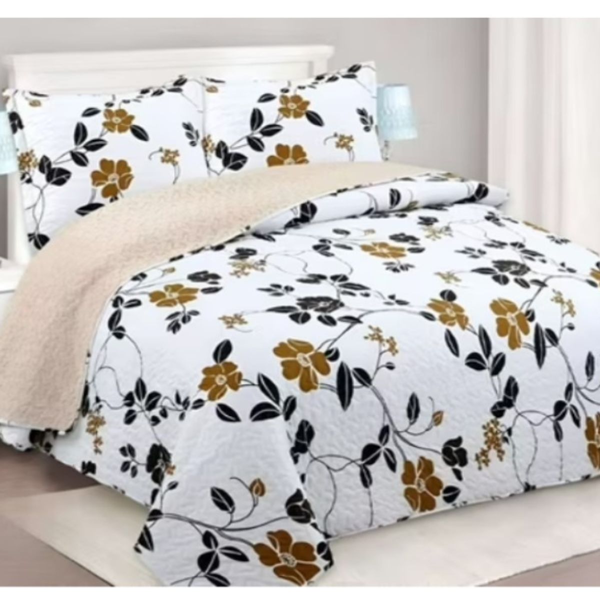 COMPRAPO - Cubrecama Quilt Sherpa King Mod. Jardín Mostaza + 2 Fundas