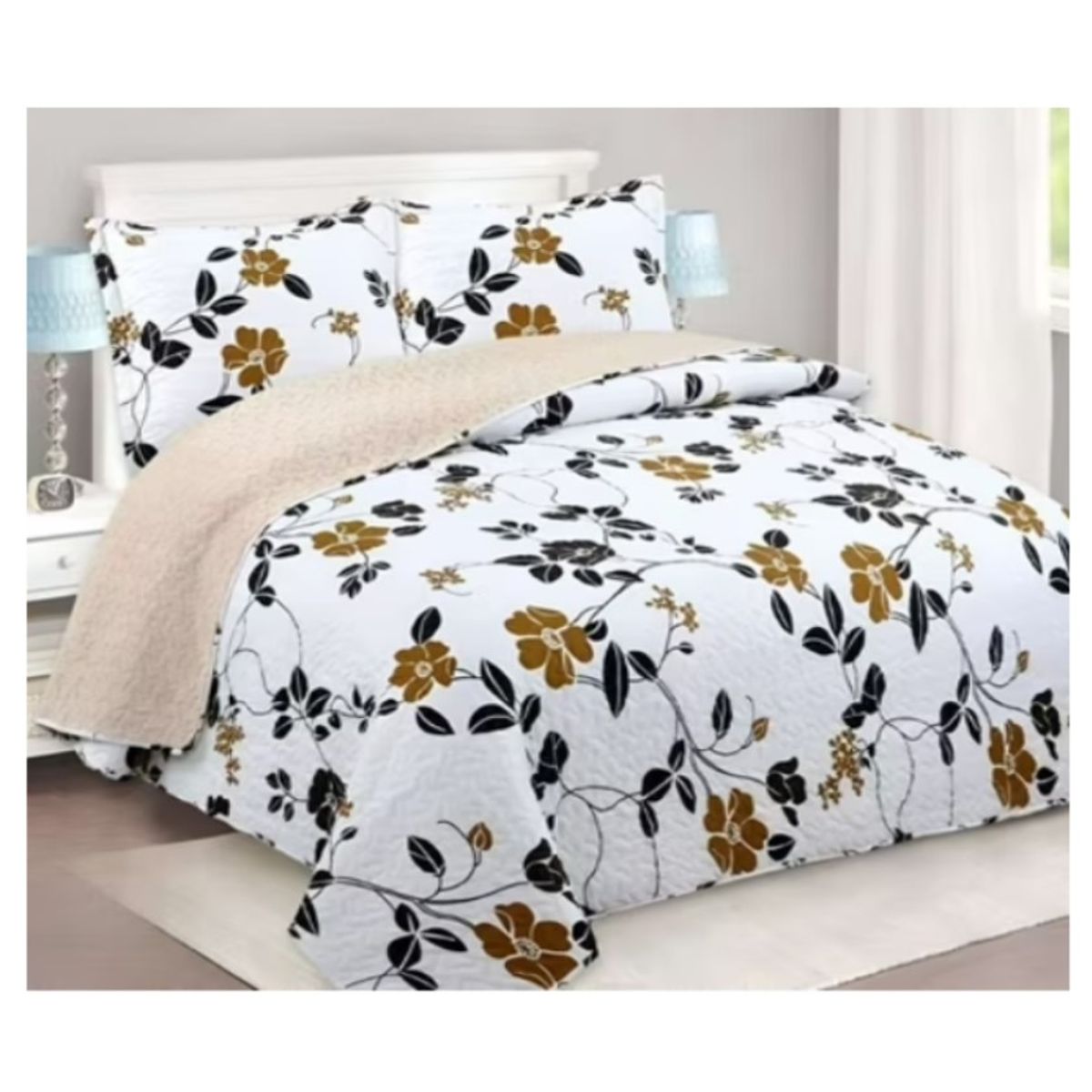 COMPRAPO - Cubrecama Quilt Sherpa King Mod. Jardín Mostaza + 2 Fundas