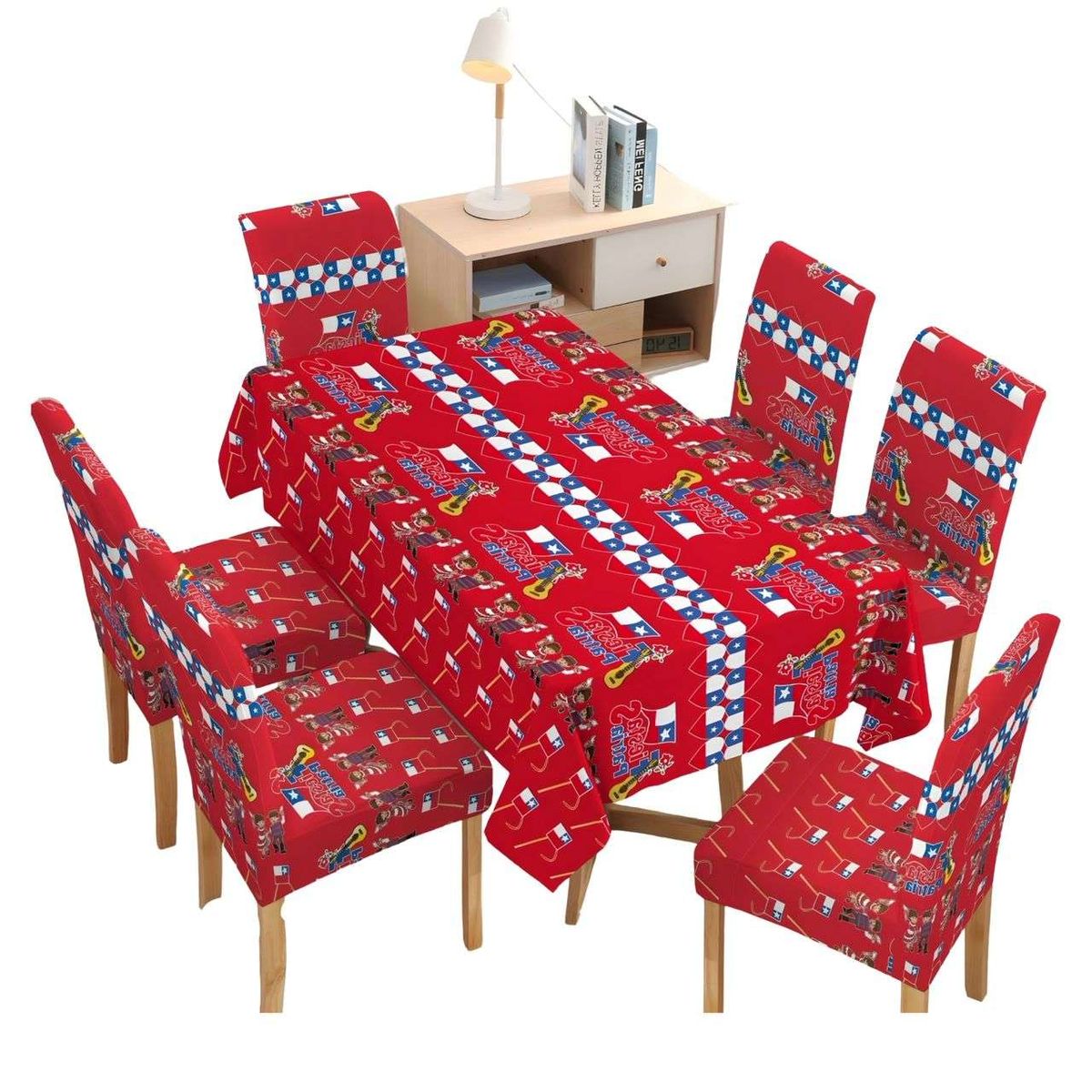 GENERICO - MANTEL FIESTAS PATRIAS DE TELA MAS FUNDAS DE SILLAS ELASTICADAS