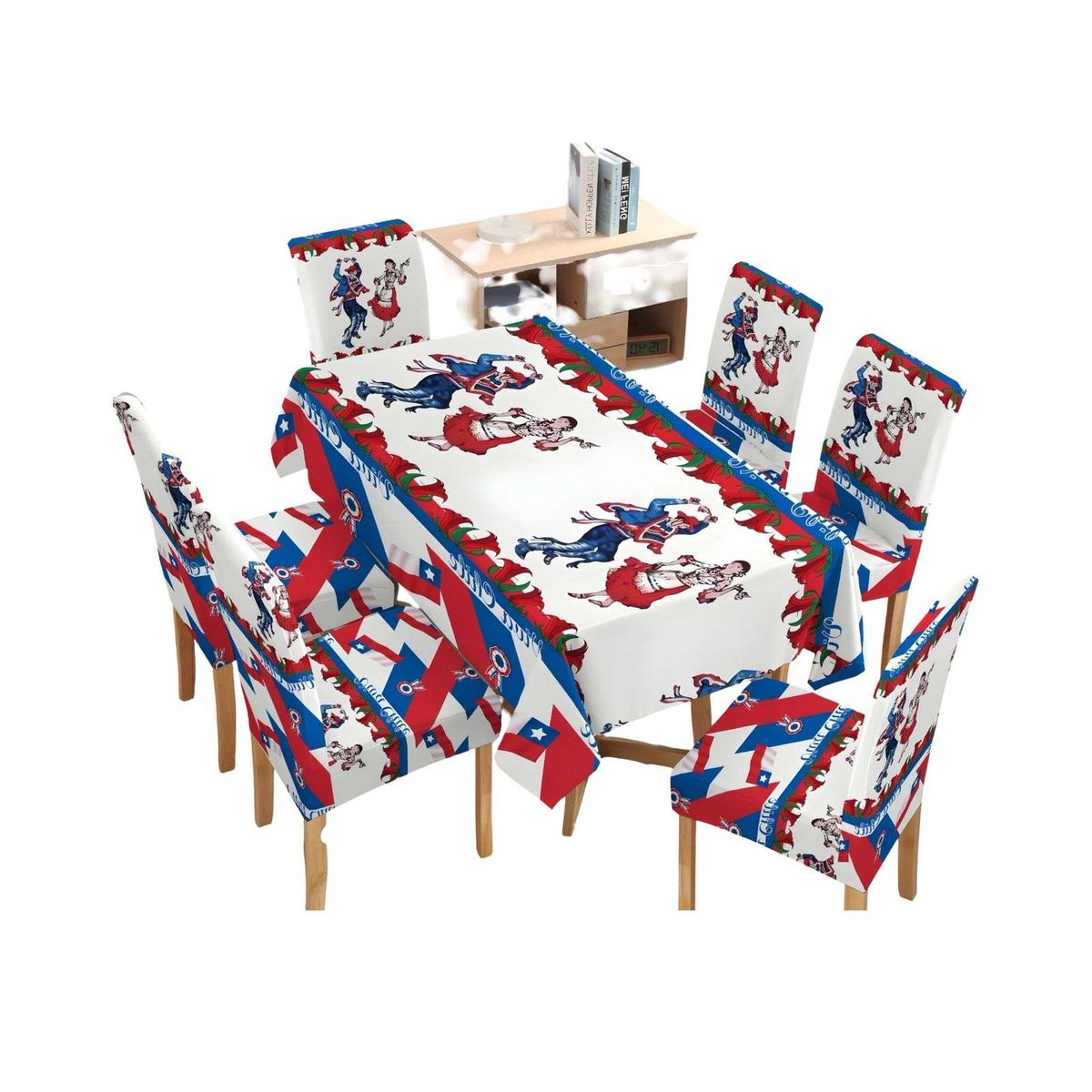 GENERICO - MANTEL FIESTAS PATRIAS DE TELA MAS FUNDAS DE SILLAS ELASTICADAS
