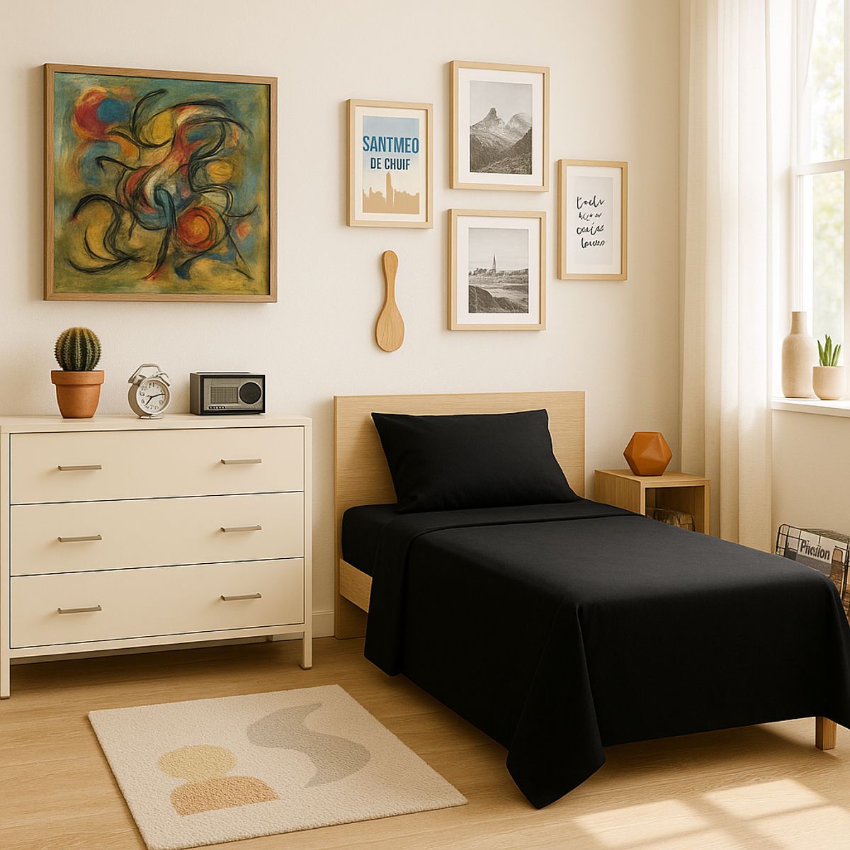 ARMONIA - Set de Sábanas 144 Hilos Negro 1½ Plazas Económico