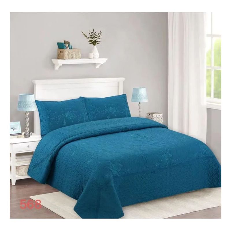 GENERICO - Cubrecama Quilt Verano Bordado 1.5 Plazas - Azul Flores 568-M