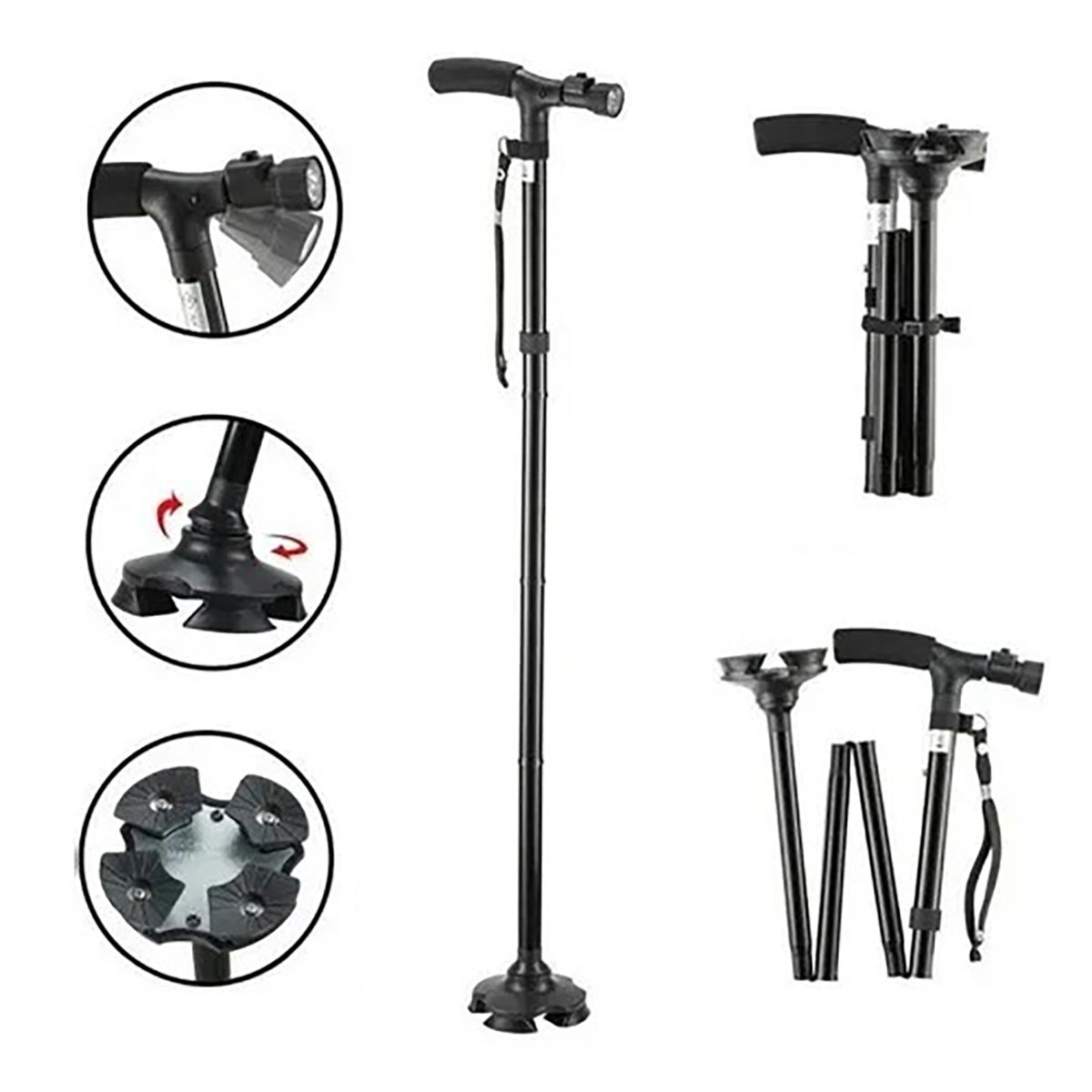 BELKRA - Baston Plegable Ortopedico Luz Led Base Estable Negro