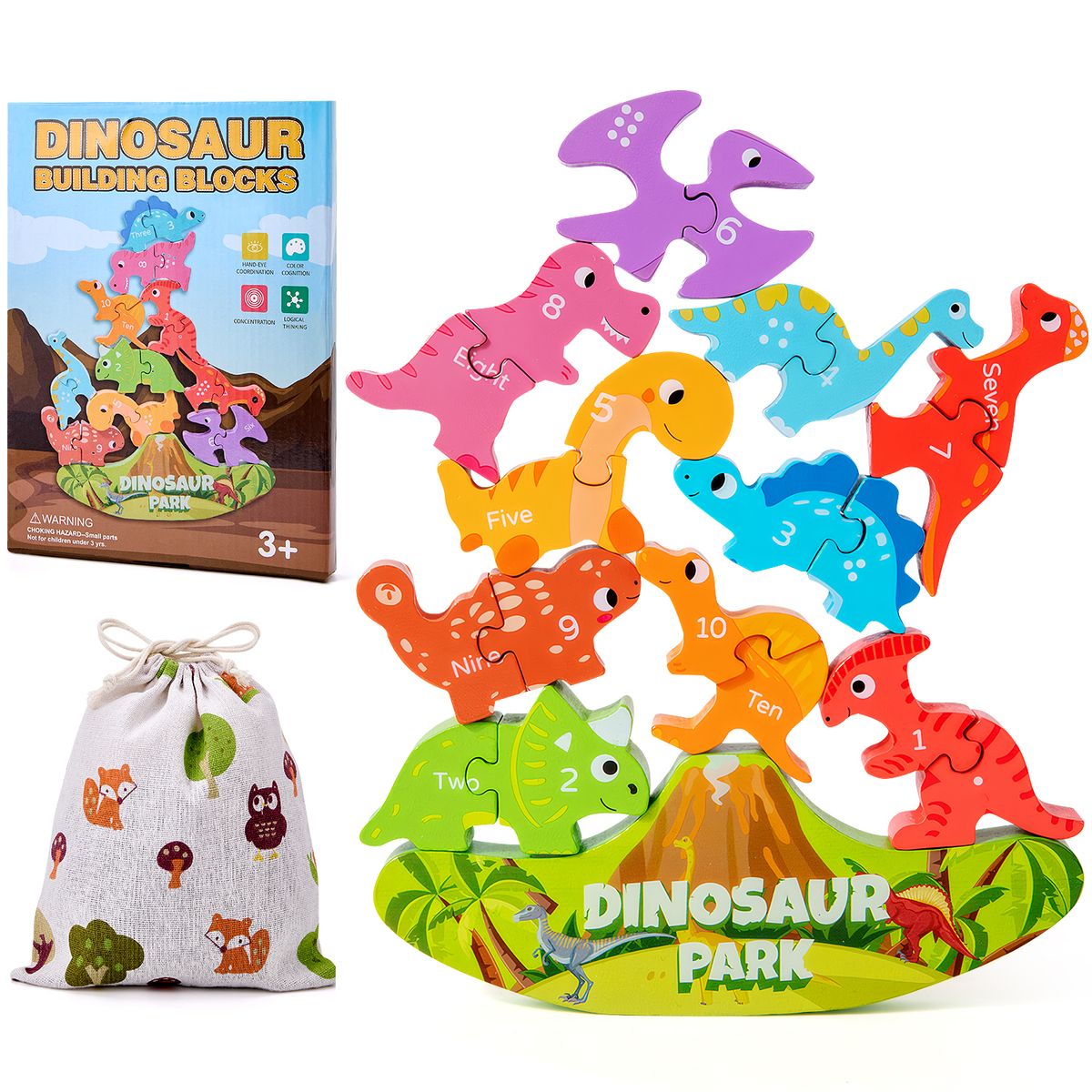 LUKOVEE - Juguete de Bloques de Dinosaurios Equilibrio y una Base de Madera