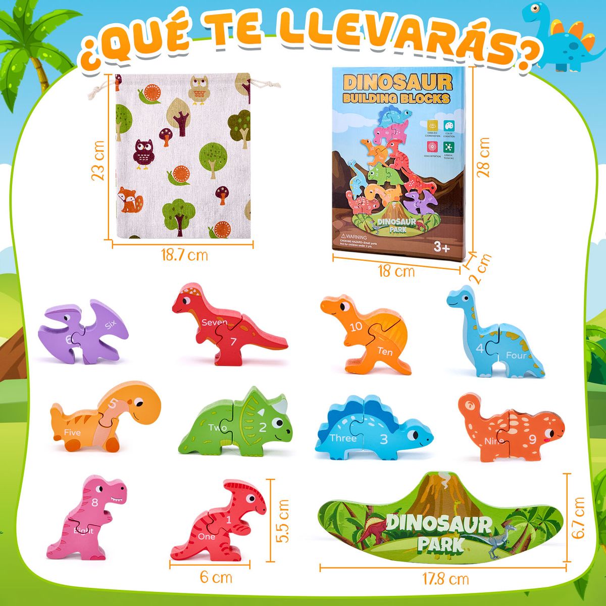 LUKOVEE - Juguete de Bloques de Dinosaurios Equilibrio y una Base de Madera