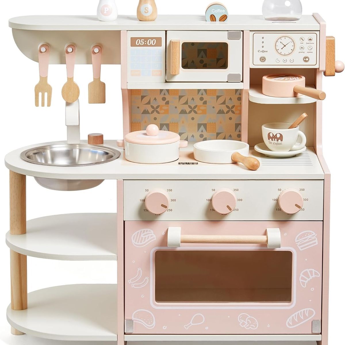 TATEE - Cocina Infantil de Madera Juguetes rosa Con luces