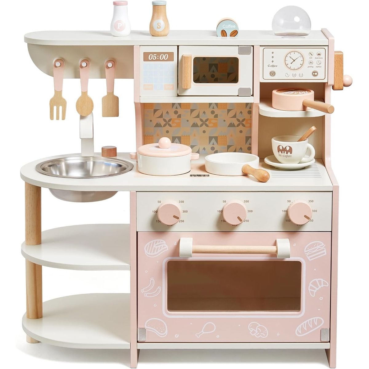 TATEE - Cocina Infantil de Madera Juguetes rosa Con luces