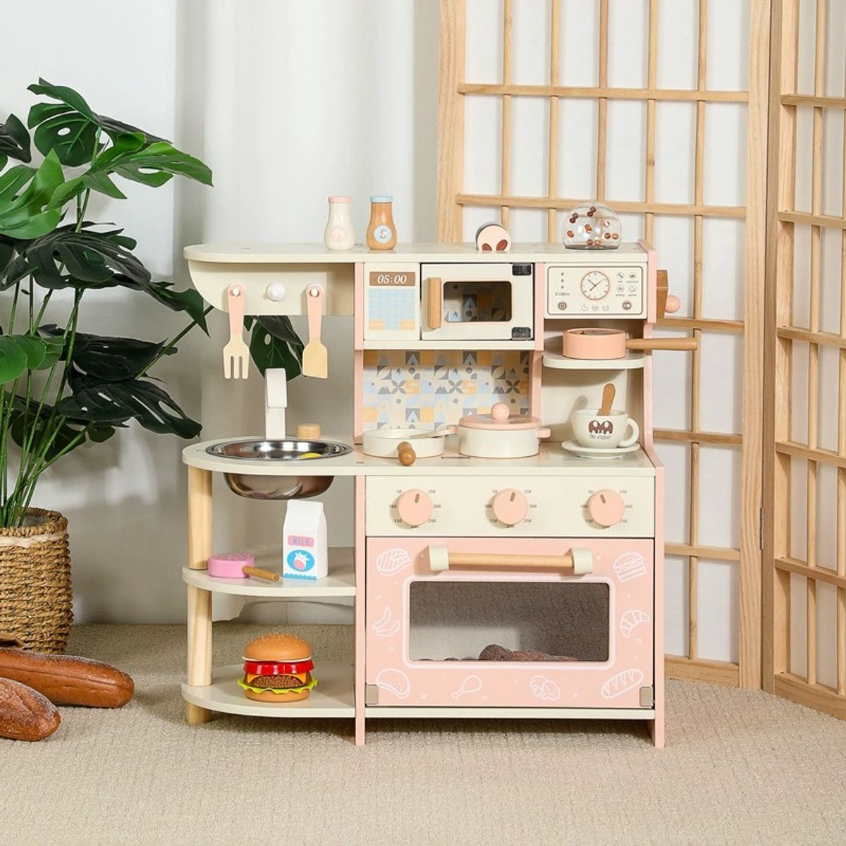 TATEE - Cocina Infantil de Madera Juguetes rosa Con luces