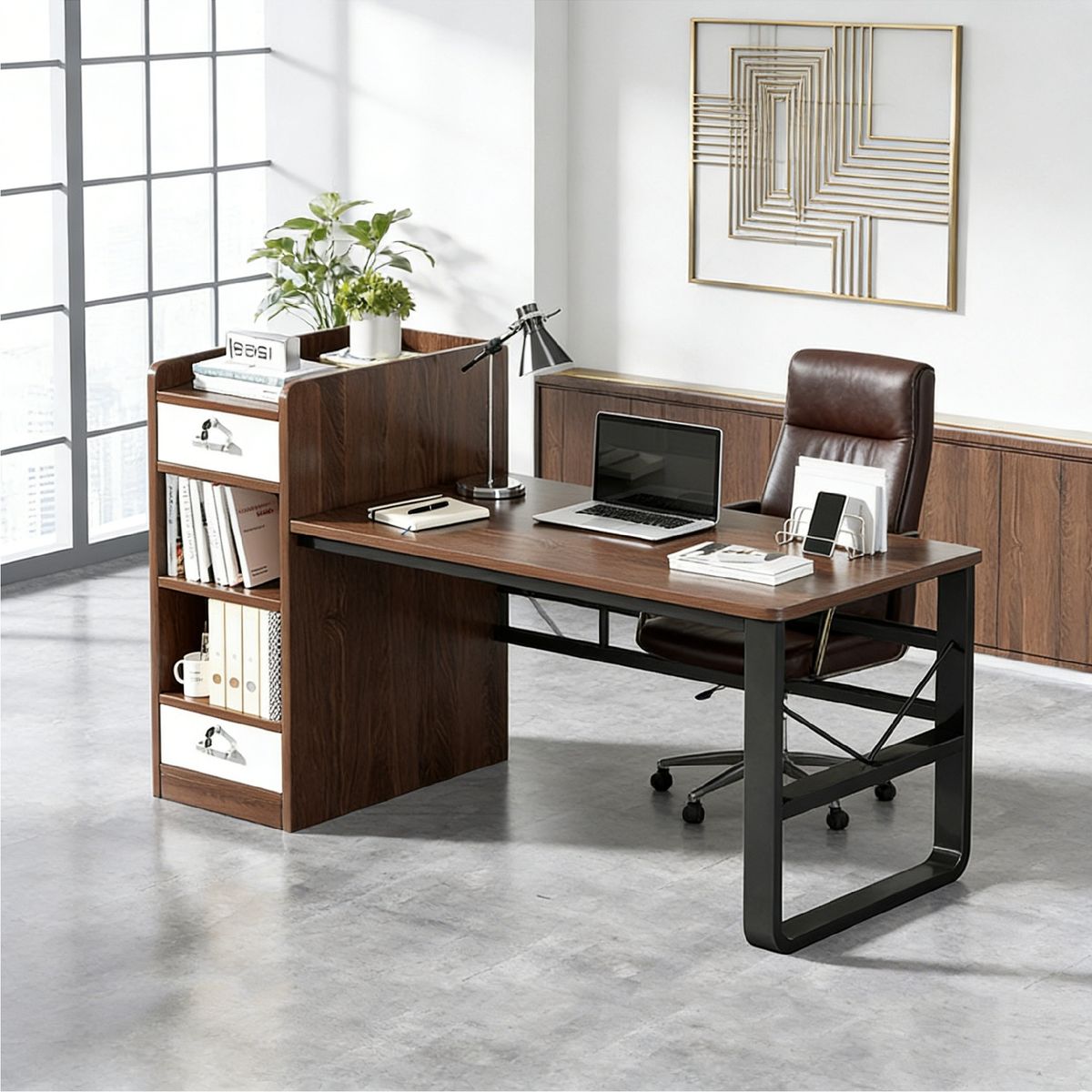 YOMYM - Escritorio Moderno Con Cajoneras y Marco Acero Resistente 110x60x110cm