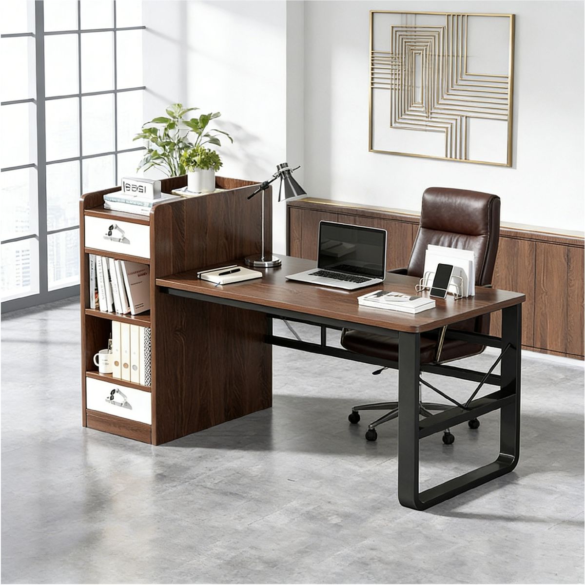 YOMYM - Escritorio Moderno Con Cajoneras y Marco Acero Resistente 110x60x110cm