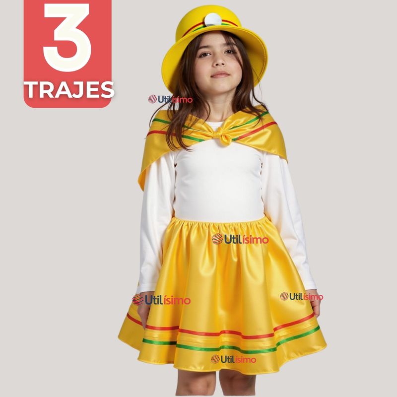 UTILISIMO - Pack 3 Traje Nortino Amarillo 3 Piezas Niña Fiestas Patrias Baile