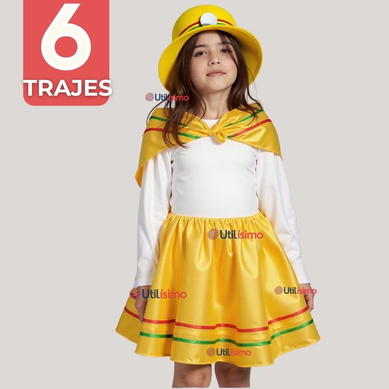 UTILISIMO - Pack 6 Traje Nortino Amarillo 3 Piezas Niña Fiestas Patrias Baile