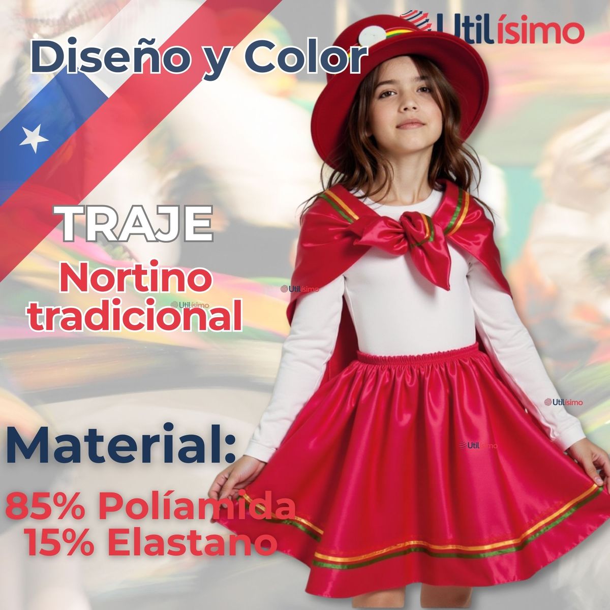 UTILISIMO - Traje Nortino Rojo 3 Piezas Niña Fiestas Patrias Baile Nortino
