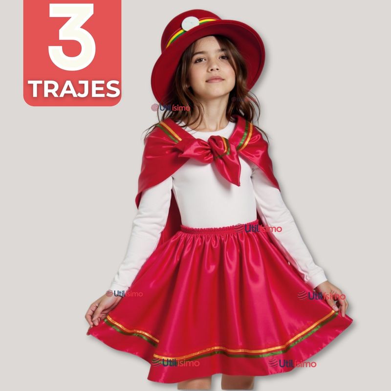 UTILISIMO - Pack 3 Traje Nortino Rojo 3 Piezas Niña Fiestas Patrias Baile Nortino