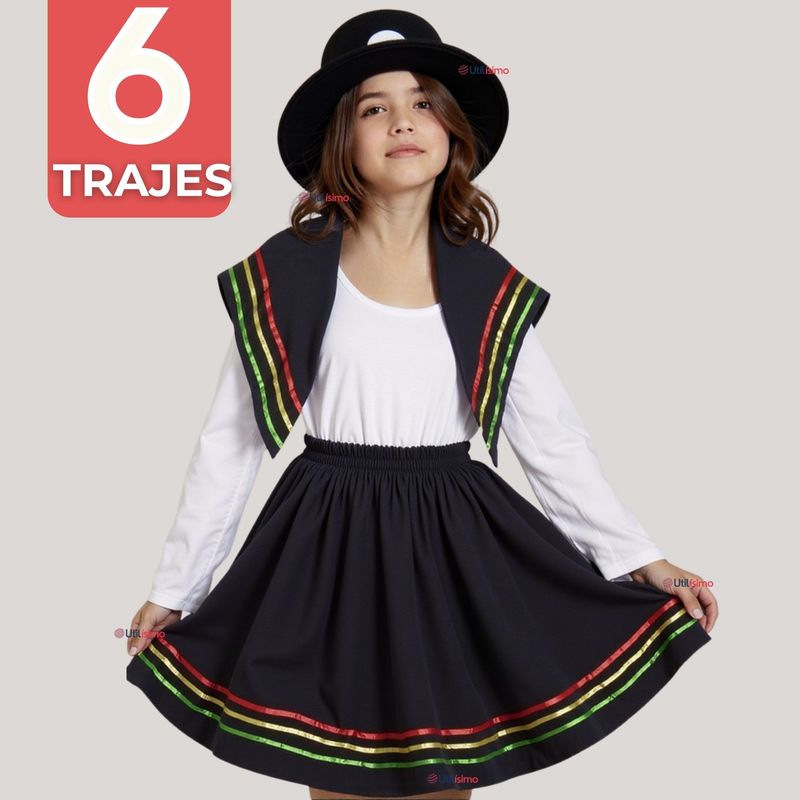 UTILISIMO - Pack 6 Traje Nortino Negro 3 Piezas Niña Fiestas Patrias