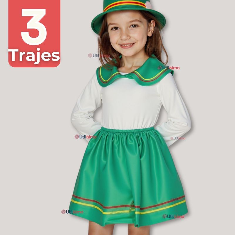 UTILISIMO - Pack 3 Traje Nortino Verde 4 Piezas Niña Fiestas Patrias